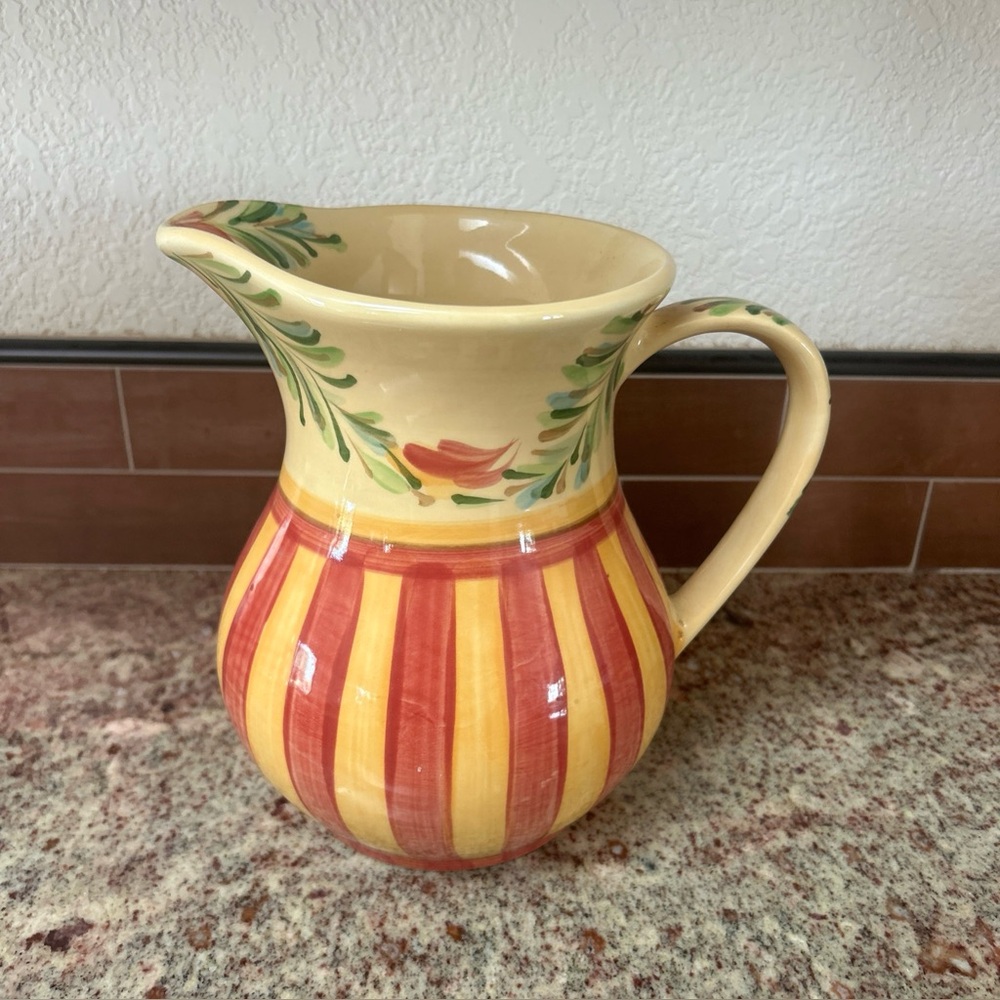 Gail Pittman Siena Pitcher Hand Painted Floral Garland & Striped Design